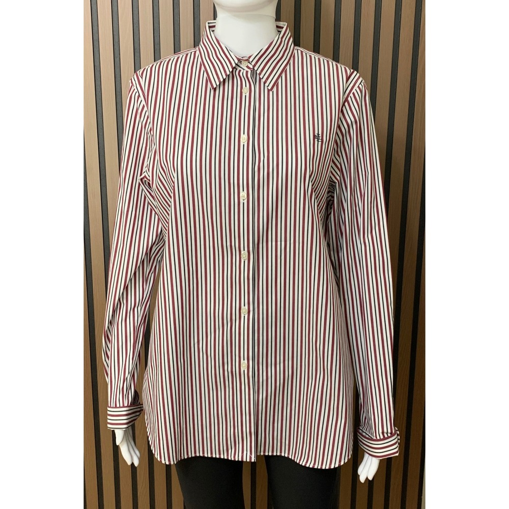 Lauren Ralph Lauren Women's Red White Striped Stretch Non Iron Button Shirt L